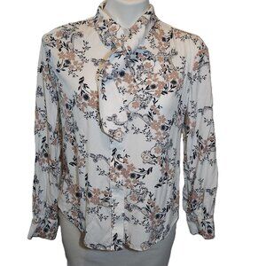 ❤️ 4/$20 Liz Claiborne blouse Women's medium White tan black floral Flowy Tie